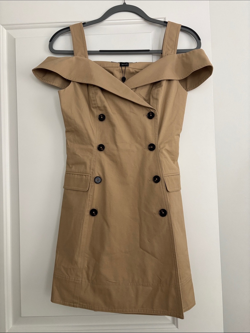 French Connection Tan Off-Shoulder Double-Breasted Midi Dress - Picture 1 of 3